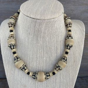 Vintage Choker Necklace - Distressed Black and Light Wood Carved Beads